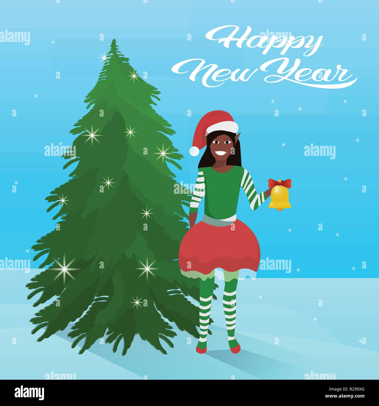 african american girl elf costume near fir tree happy new year merry  christmas concept flat Stock Vector Image \u0026 Art - Alamy, image size:1300x1390