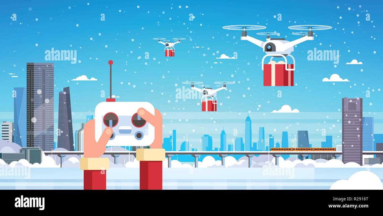 human hands hold controller drone delivery service over modern winter city monorail skyscraper cityscape snowfall background horizontal flat Stock Vector