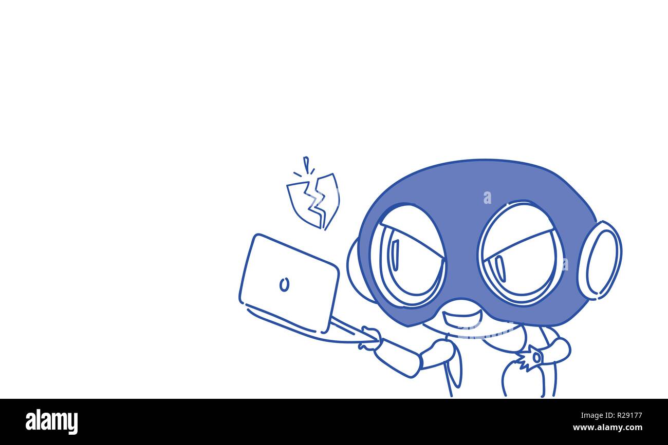 Robot mask hacking laptop computer hacker bot data theft concept