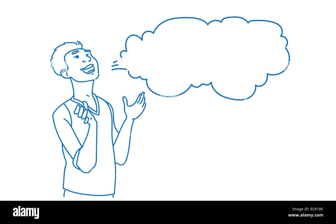 Man laughing big chat bubble cloud with empty space sketch doodle horizontal Stock Vector