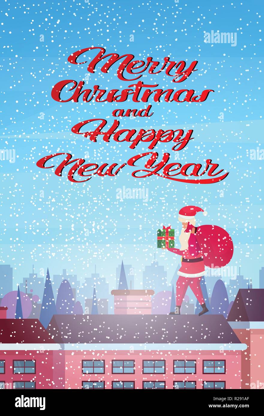 santa hold gift box stand on roof city building houses winter street cityscape background merry christmas happy new year concept flat vertical Stock Vector