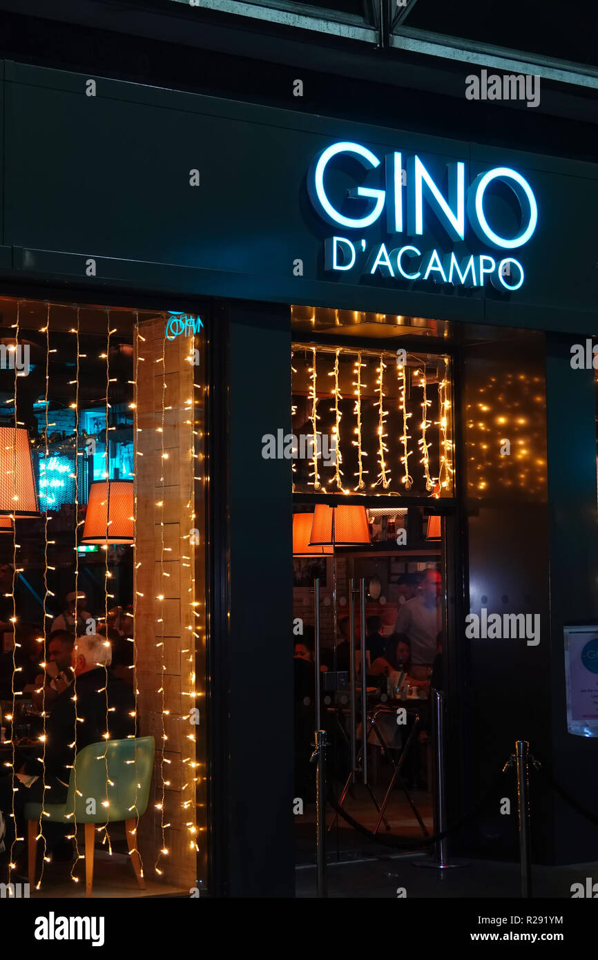 Gino D'Acampo 'My Restaurant' on Castle St Liverpool UK, exterior shot at nighttime. November 2018. Stock Photo