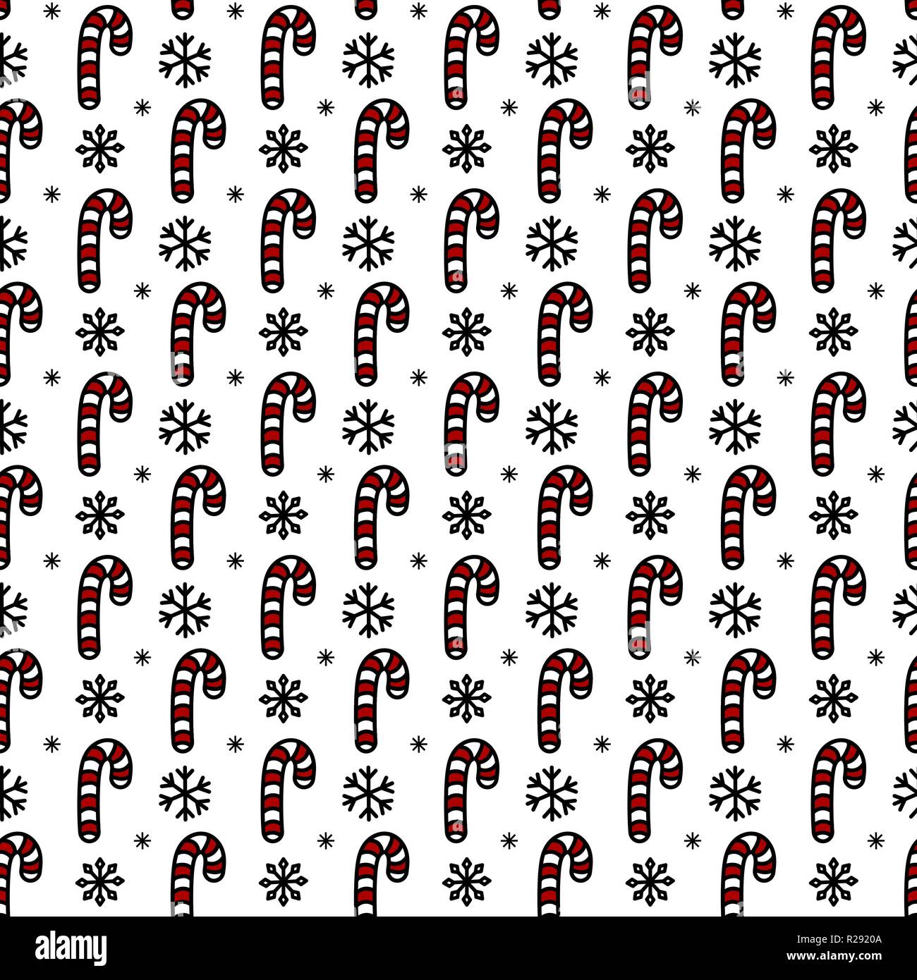 Christmas seamless pattern with candy canes. Hand drawn doodle style. Black and white vector illustration. Isolated on white background. Perfect for wrapping paper, wallpaper, fabric print Stock Vector