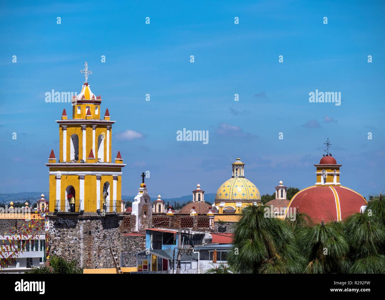 Beautiful skyline of the colonial town of Cholula in Puebla Mexico Stock Photo