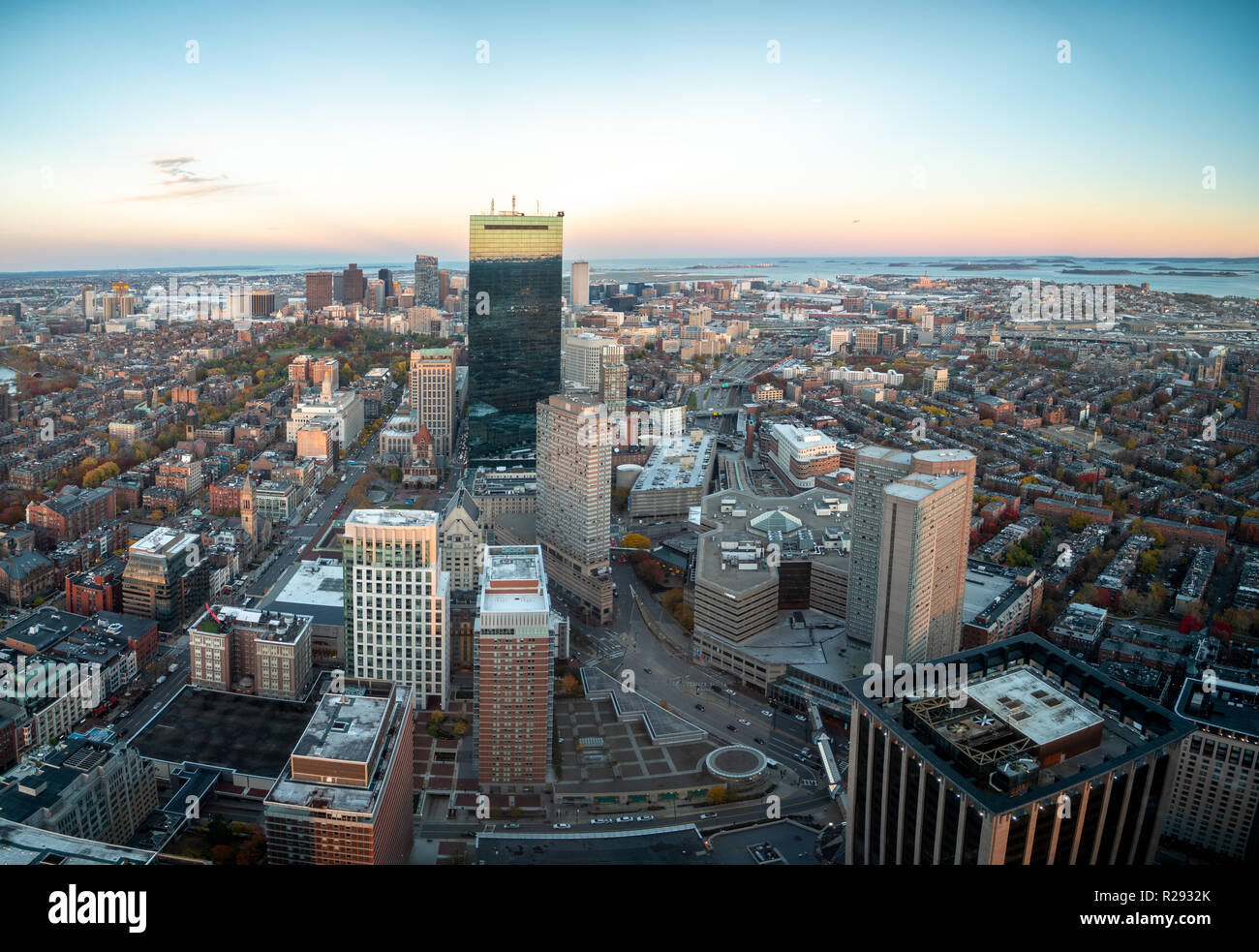 Wide Angle Aerial View of Downtown Boston At Sunset with Clear Skies