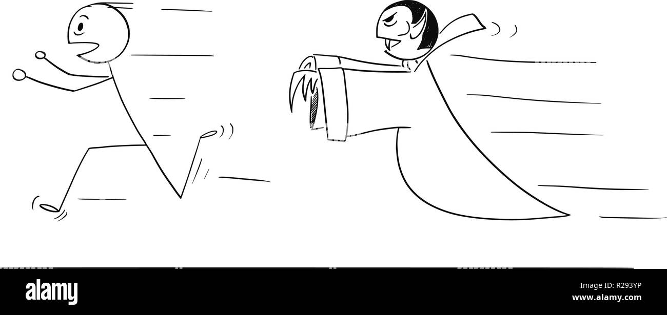 Cartoon of Scared Man Running Away From Vampire Stock Vector