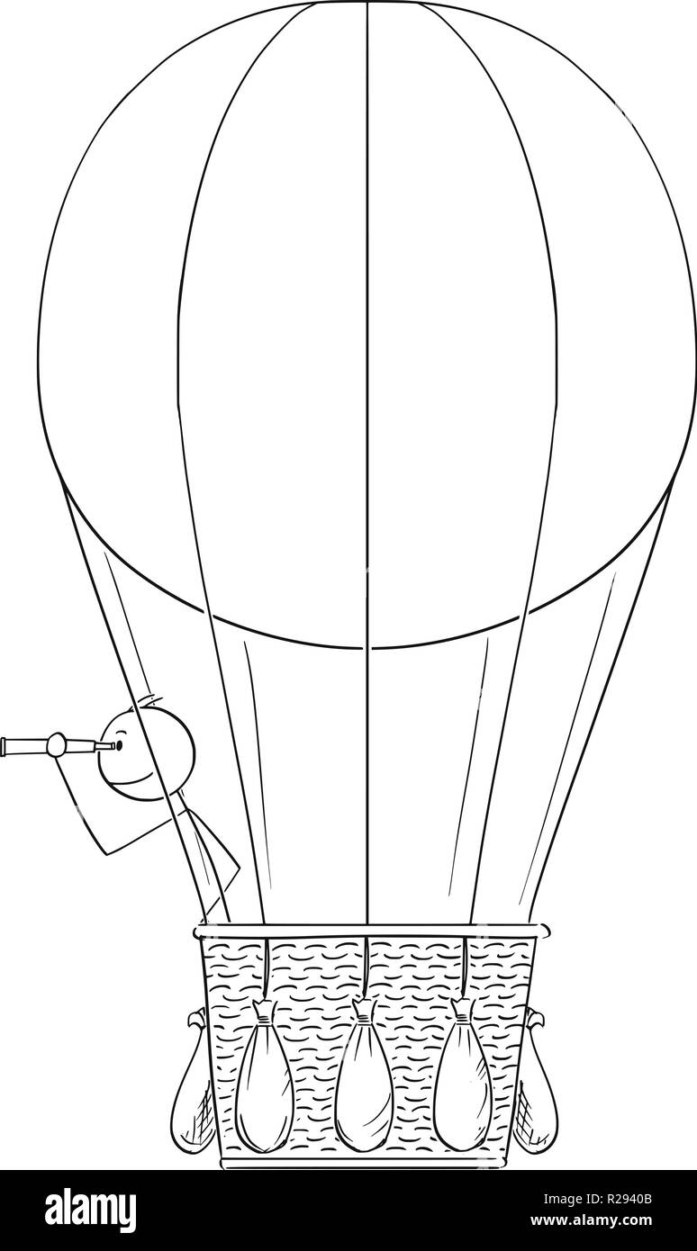 Cartoon of Man or Businessman in Hot Air Ballon Looking Through Spyglass Stock Vector
