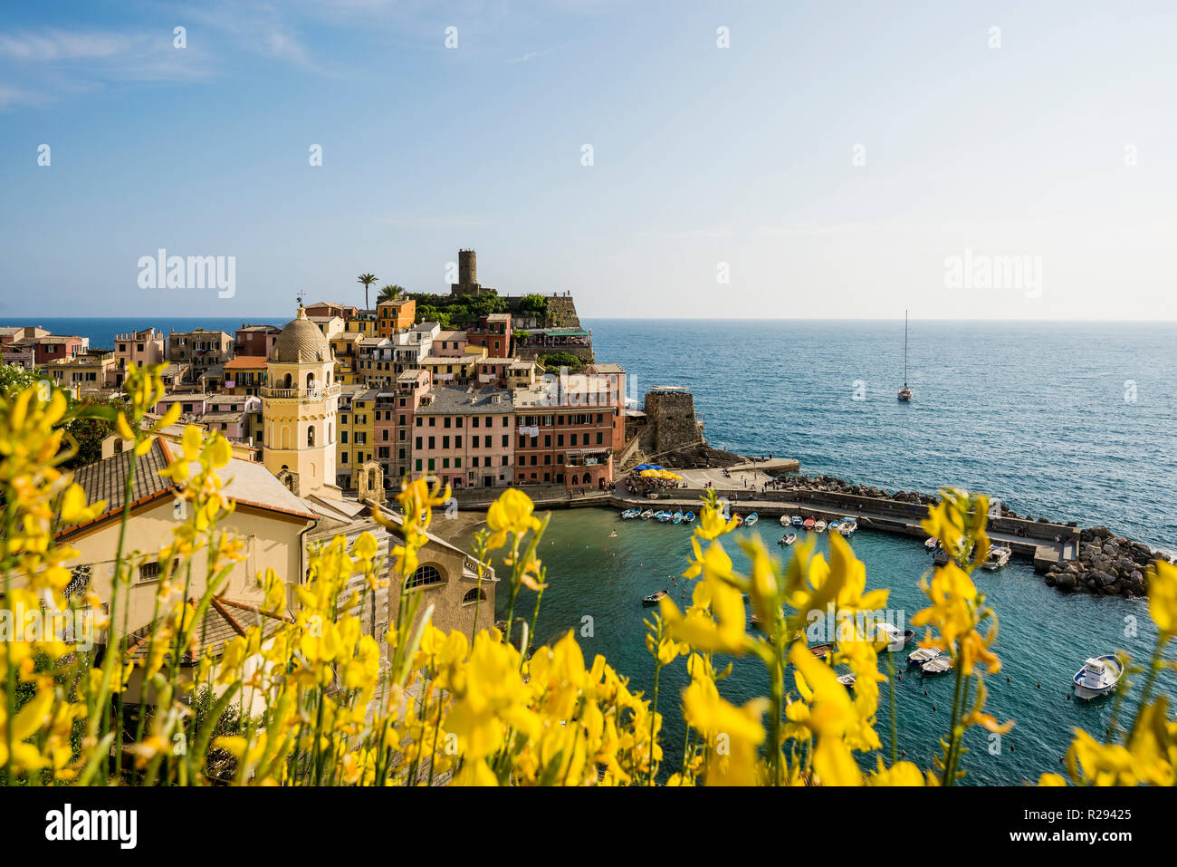 View of the village with colourful houses on the coast, Vernazza, UNESCO World Heritage Site, Cinque Terre, Riviera di Levante Stock Photo
