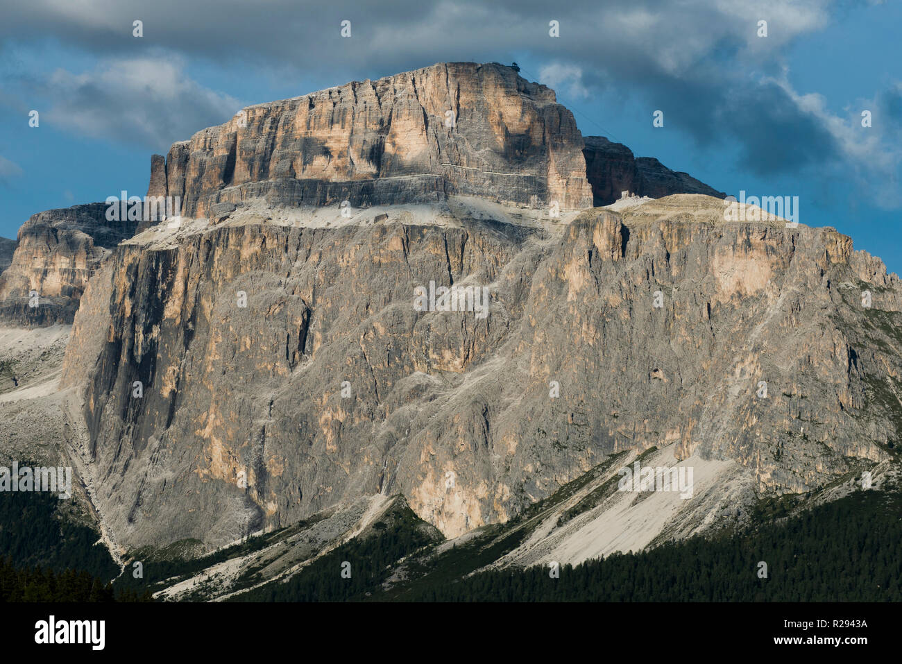 Dolomites, Sella Group, Sass Pordoi, Climbing, Fassa Valley, aerial photo, Trentino region, Canazei, Campitello, Italy Stock Photo