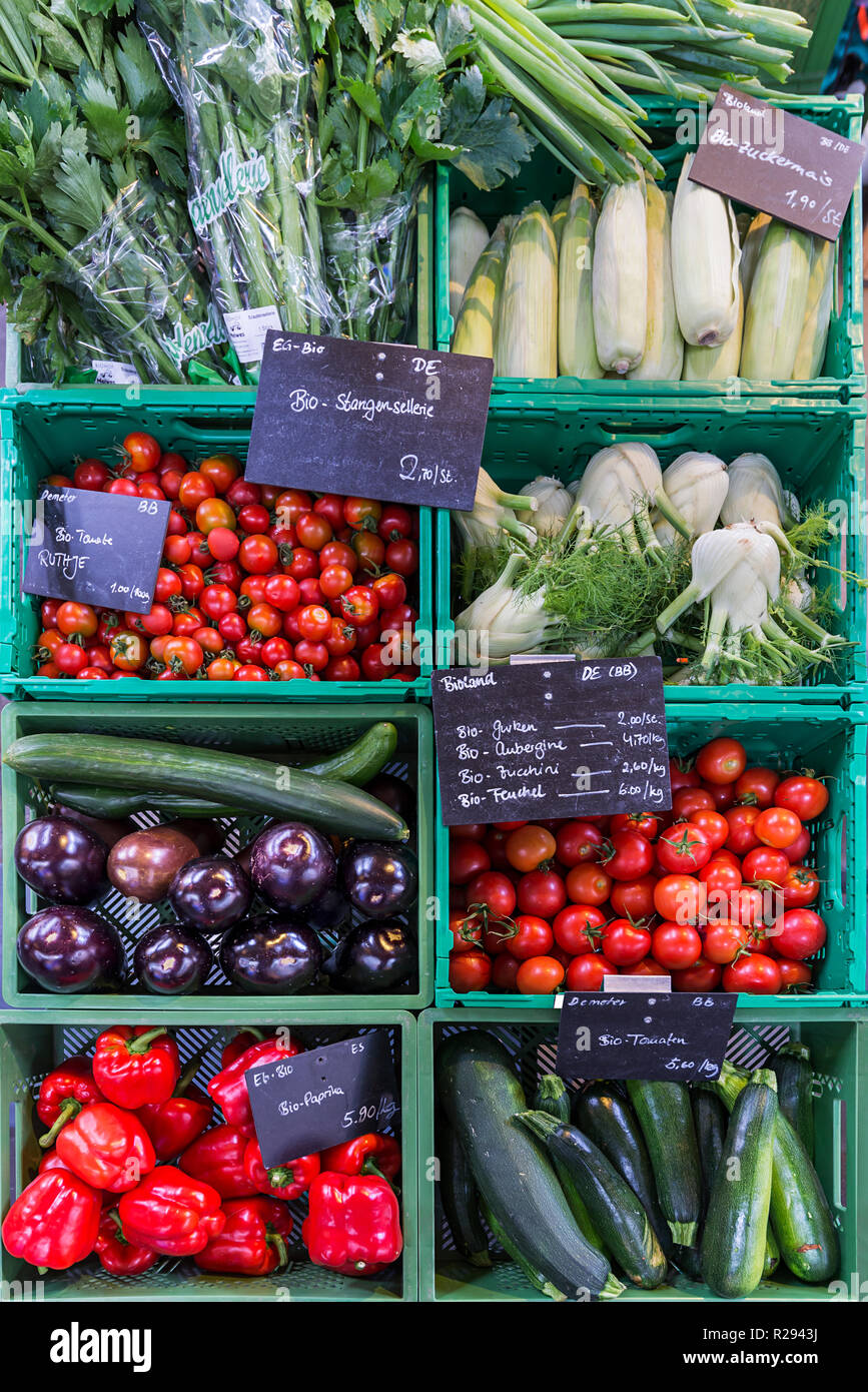 Fresh organic vegetables in crates at a weekly market, Berlin, Germany Stock Photo
