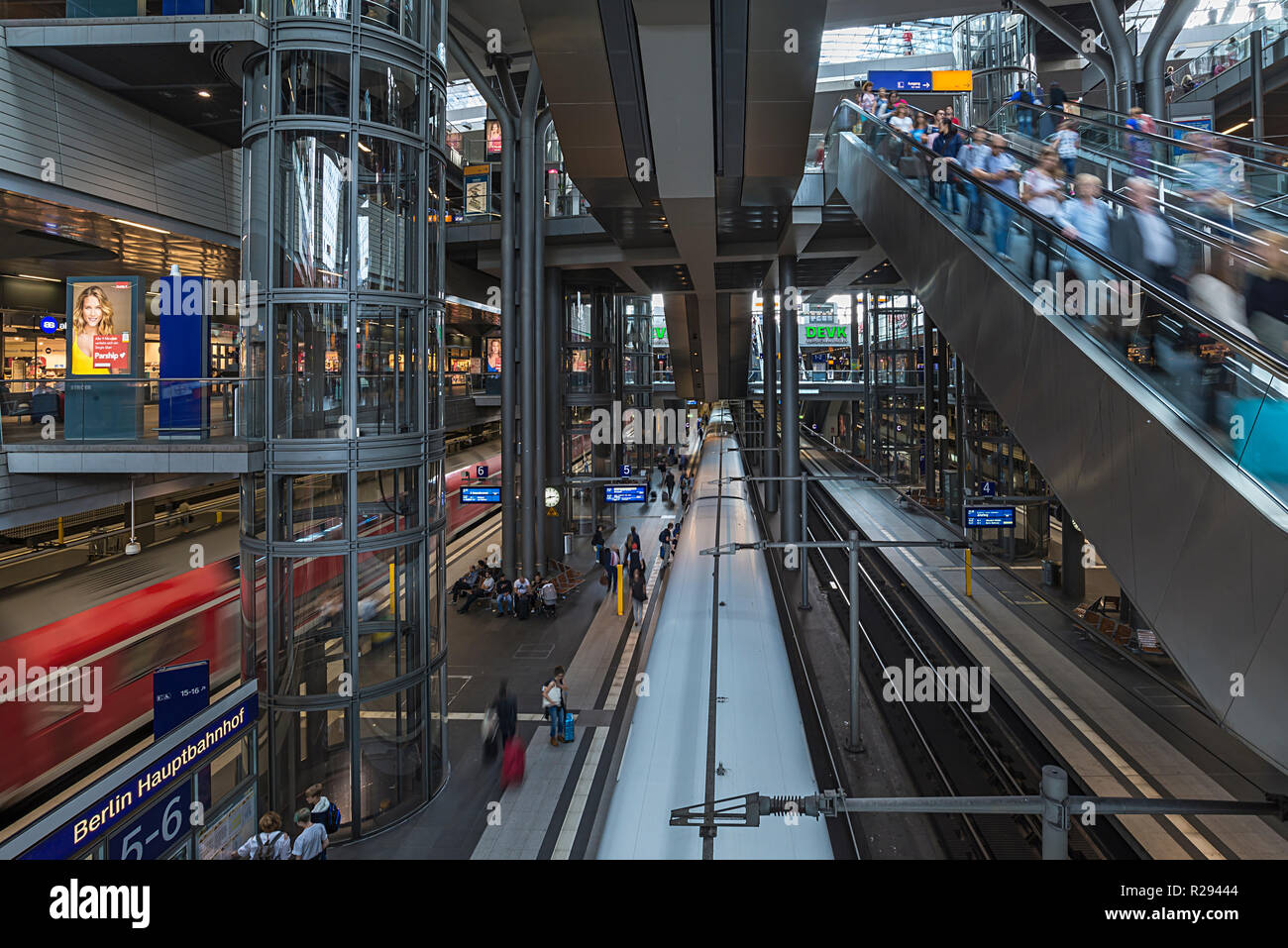 Basement escalator and glass elevator for long-distance and regional traffic, Berlin Central Station, Berlin, Germany Stock Photo