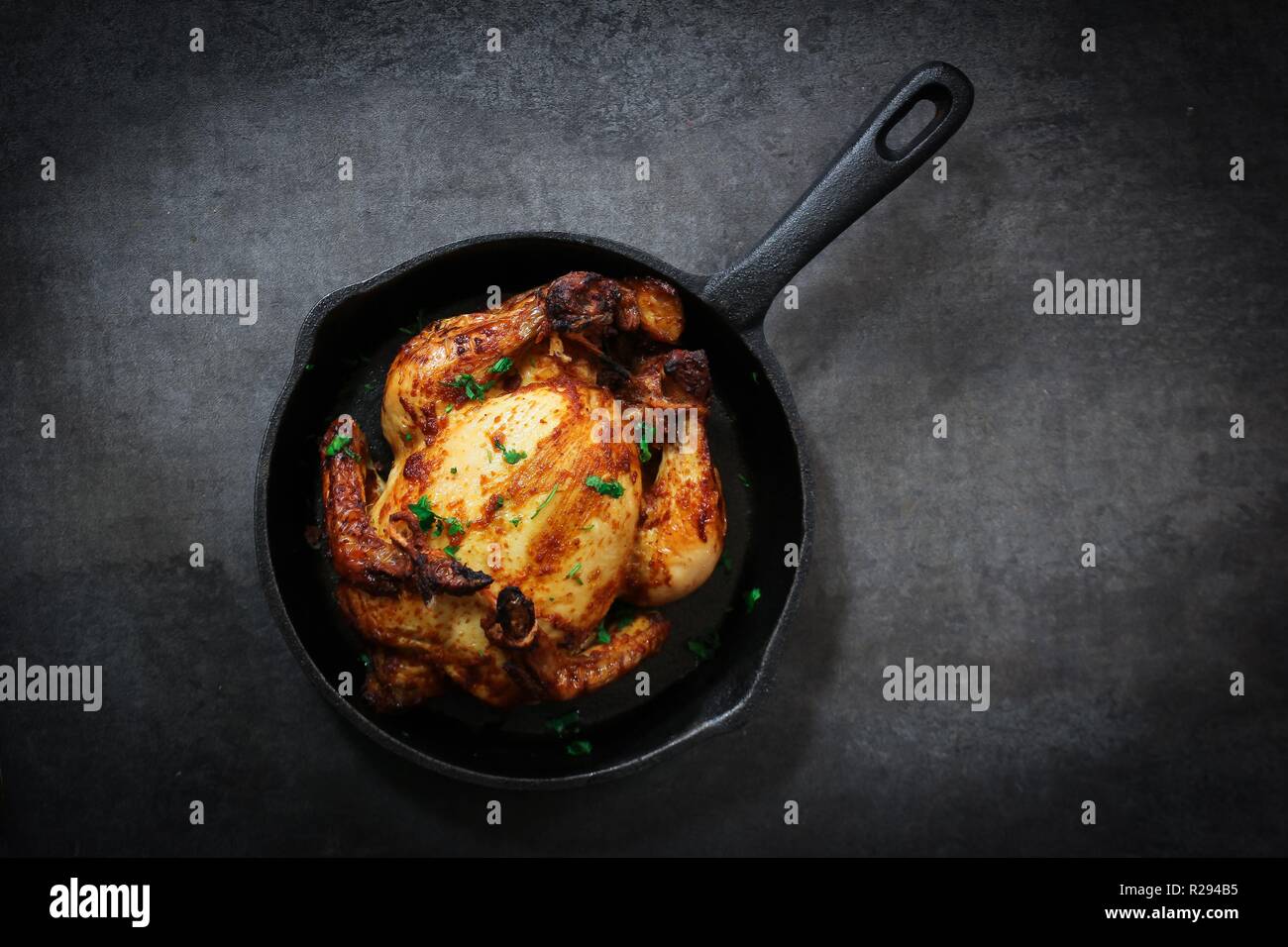 Herb masala roasted Cornish Hen / Whole mini Chicken Thanksgiving Xmas meal overhead view on dark background Stock Photo