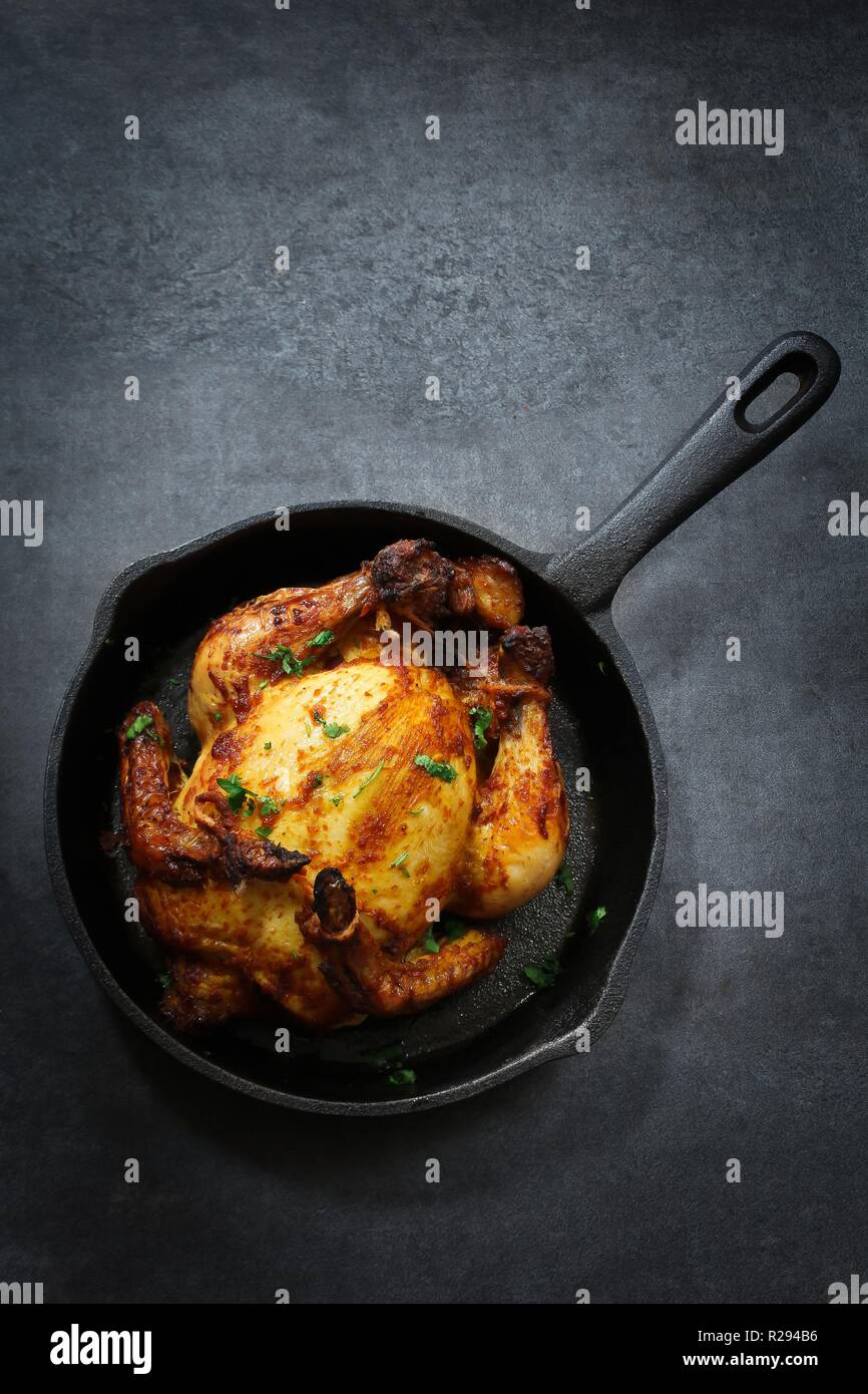 Herb masala roasted Cornish Hen / Whole mini Chicken Thanksgiving Xmas meal overhead view on dark background Stock Photo