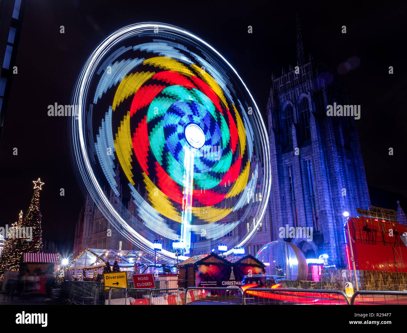 Christmas market in Aberdeen with a spinning paris wheel. Stock Photo