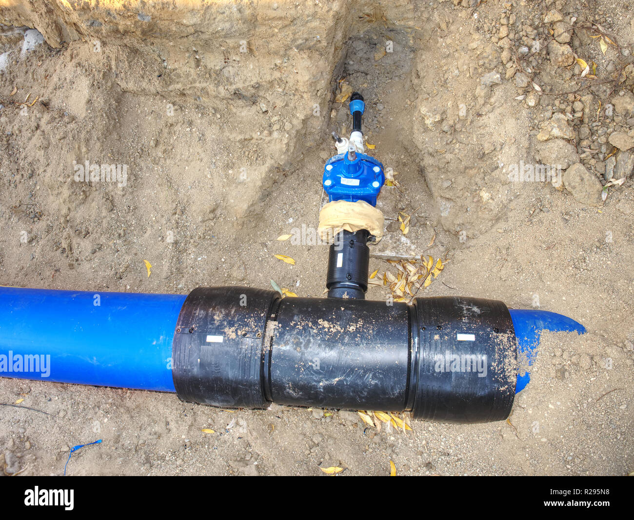 Regional Rural Water Supply pipeline in trench. Plumbing and Water Supply fittings joint houses