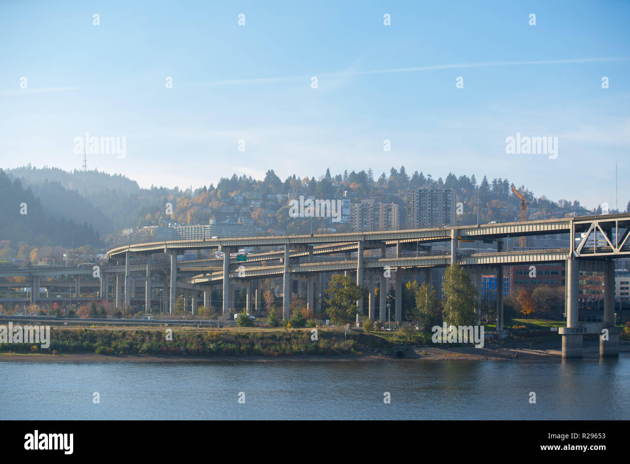 Portland, OR / USA - November 15 2018: Landscape with Portland highway bridges splitting into different directions over the Willamette river. Stock Photo