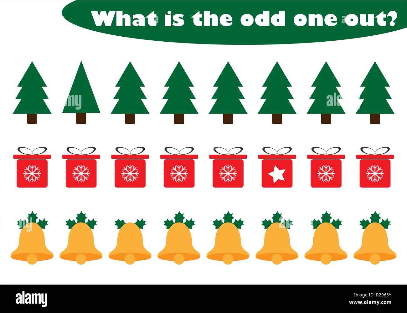 What is the odd one out for children, christmas theme in cartoon style, fun education game for kids, preschool worksheet activity, task for the develo Stock Vector