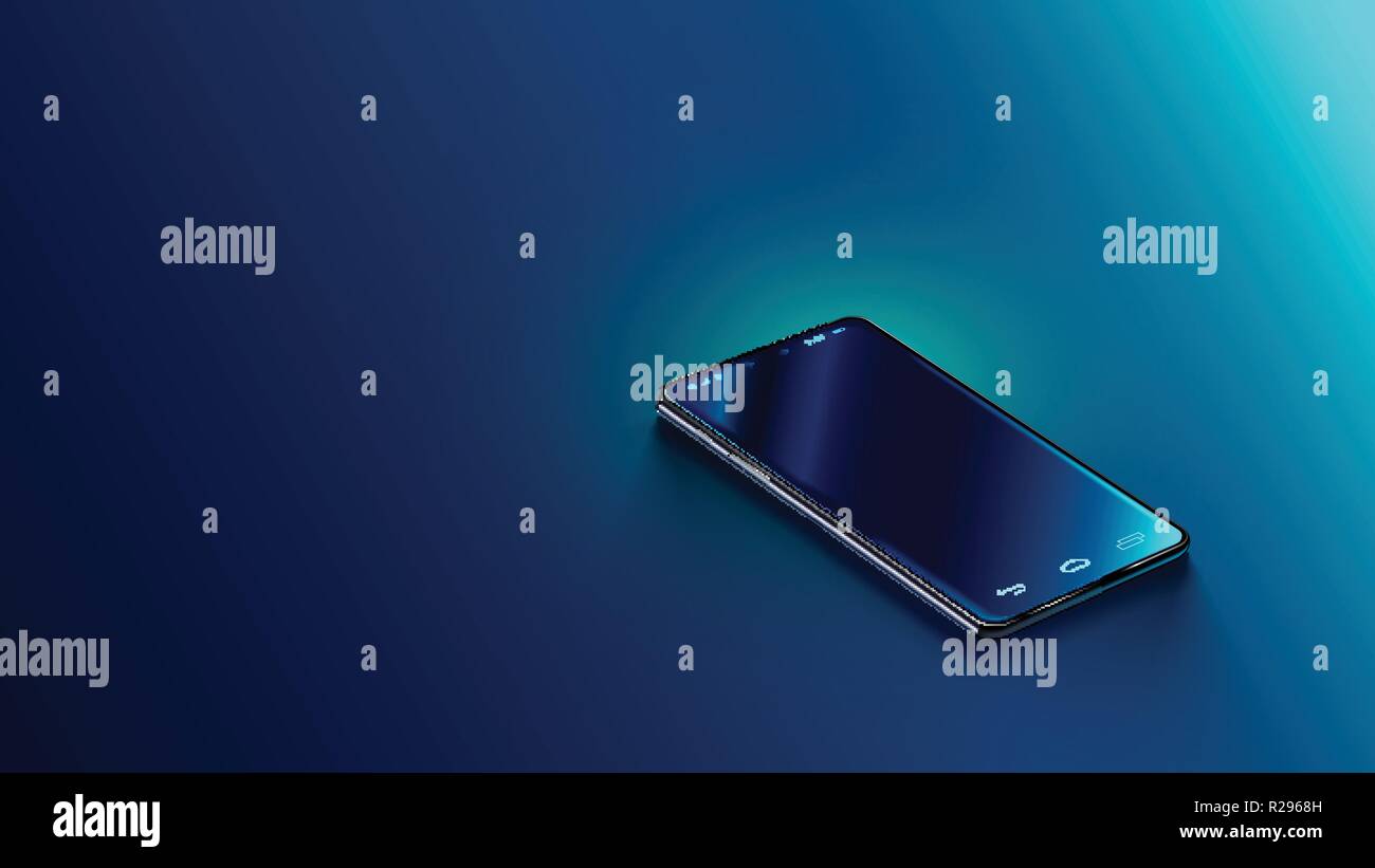 Modern black smart phone lies on a smooth dark blue surface or table in perspective view. Realistic vector illustration isometric smartphone. New shiny mobile cellphone with reflection on the screen Stock Vector