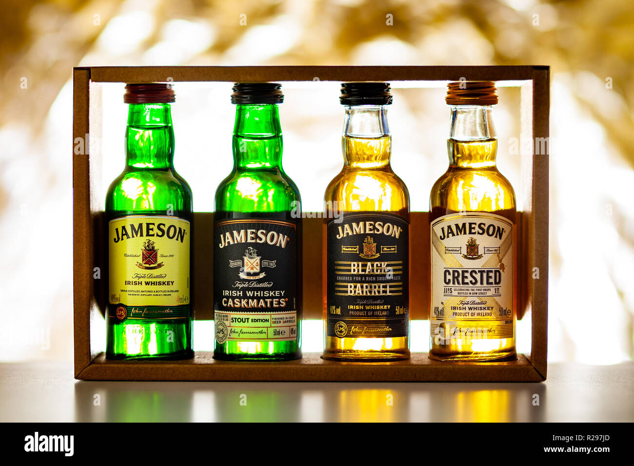 Budapest, Hungary - November 17, 2018: Varieties types of selected Jameson irish whiskey mini bottles in a row at studio shoot. Stock Photo