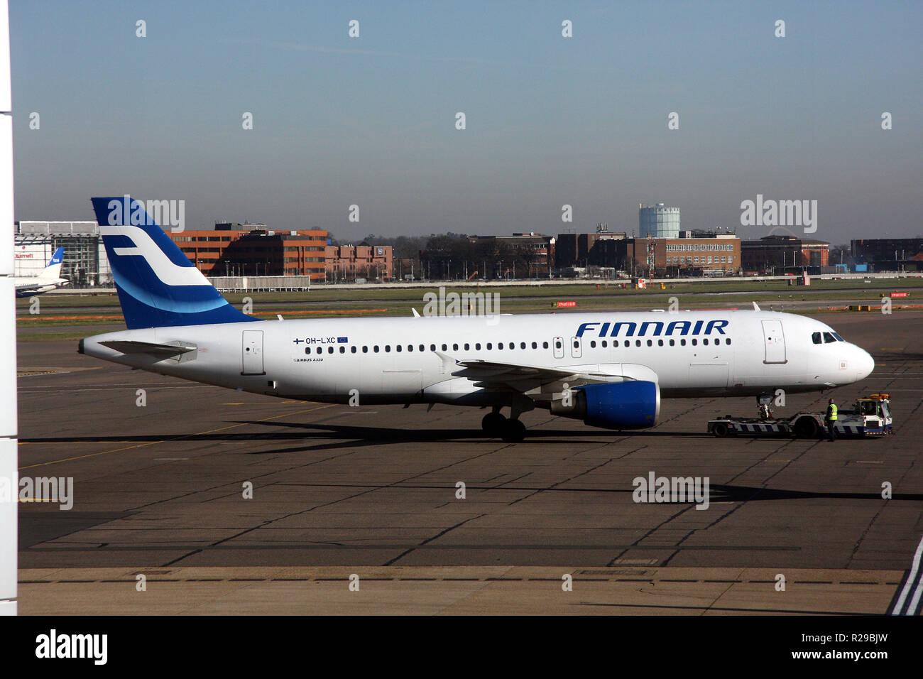Finnair aircraft on the tarmac Heathrow Airport, London, Britain Stock