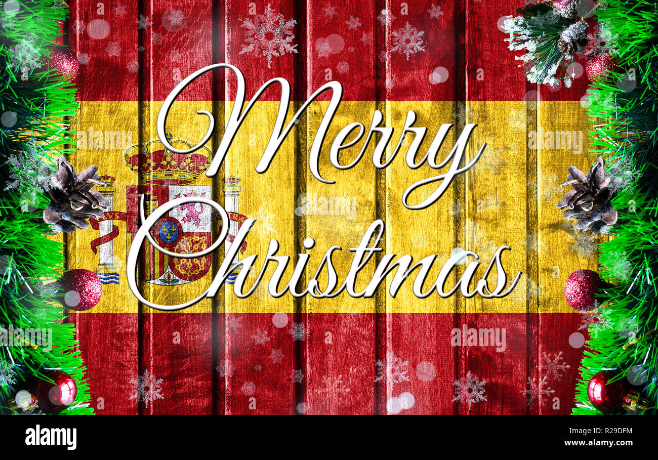 Merry christmas holiday concept with blurred flag image of Spain, Xmas background. Stock Photo