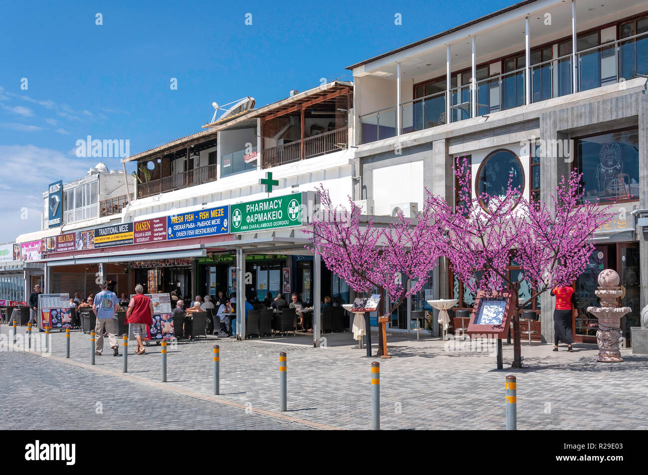 Seafront shops and restaurants, Poseidonos Avenue, Paphos (Pafos), Pafos District, Republic of Cyprus Stock Photo