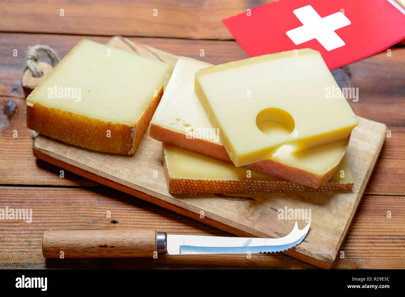 Assortment of Swiss cheeses Emmental or Emmentaler mediumhard cheese