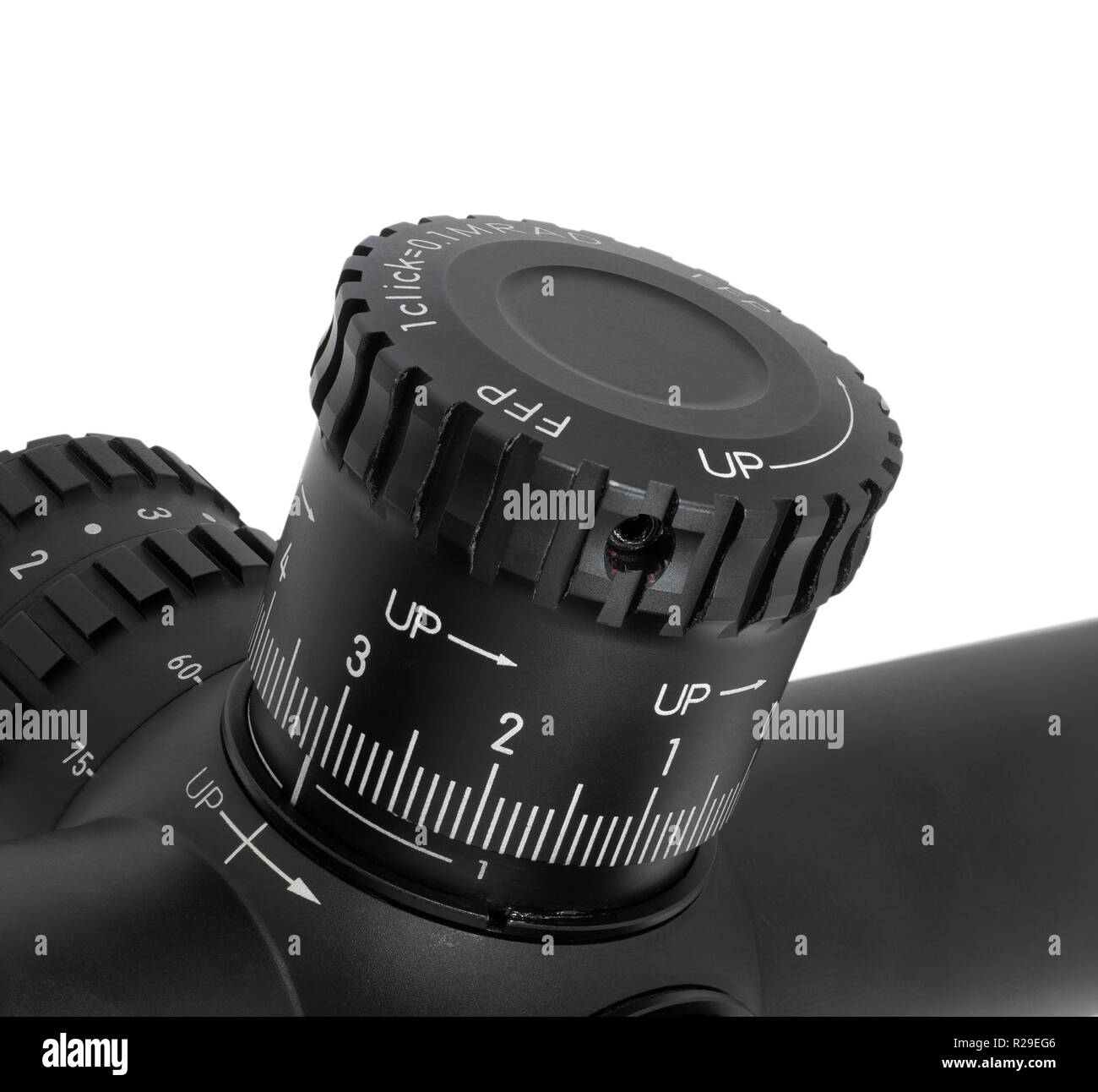 Tactical elevation turret that is on a black sniper scope Stock Photo