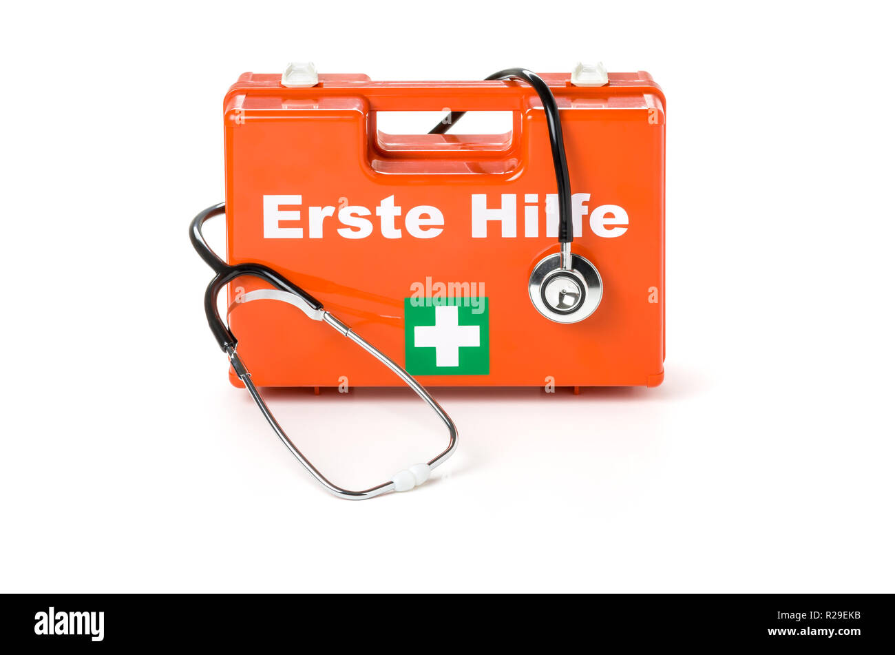 Erste Hilfe Kasten (German for First aid kit) with stethoscope Stock Photo