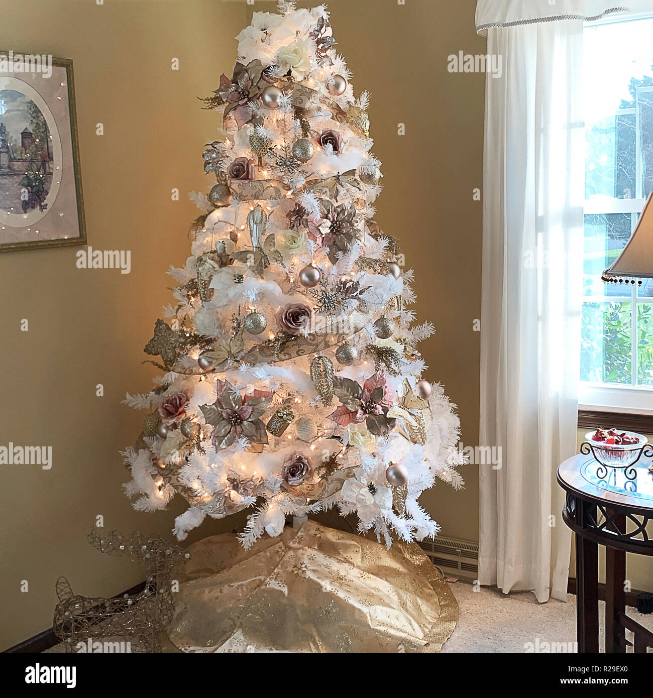 Pre-Lit White Christmas Tree with Pink & Silver Decorations 