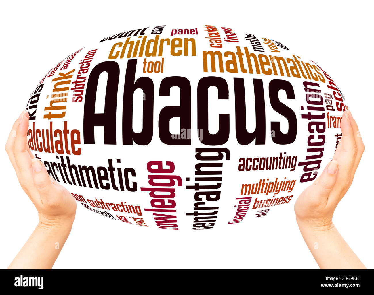 Abacus - counting frame, word cloud hand sphere concept on white background. Stock Photo