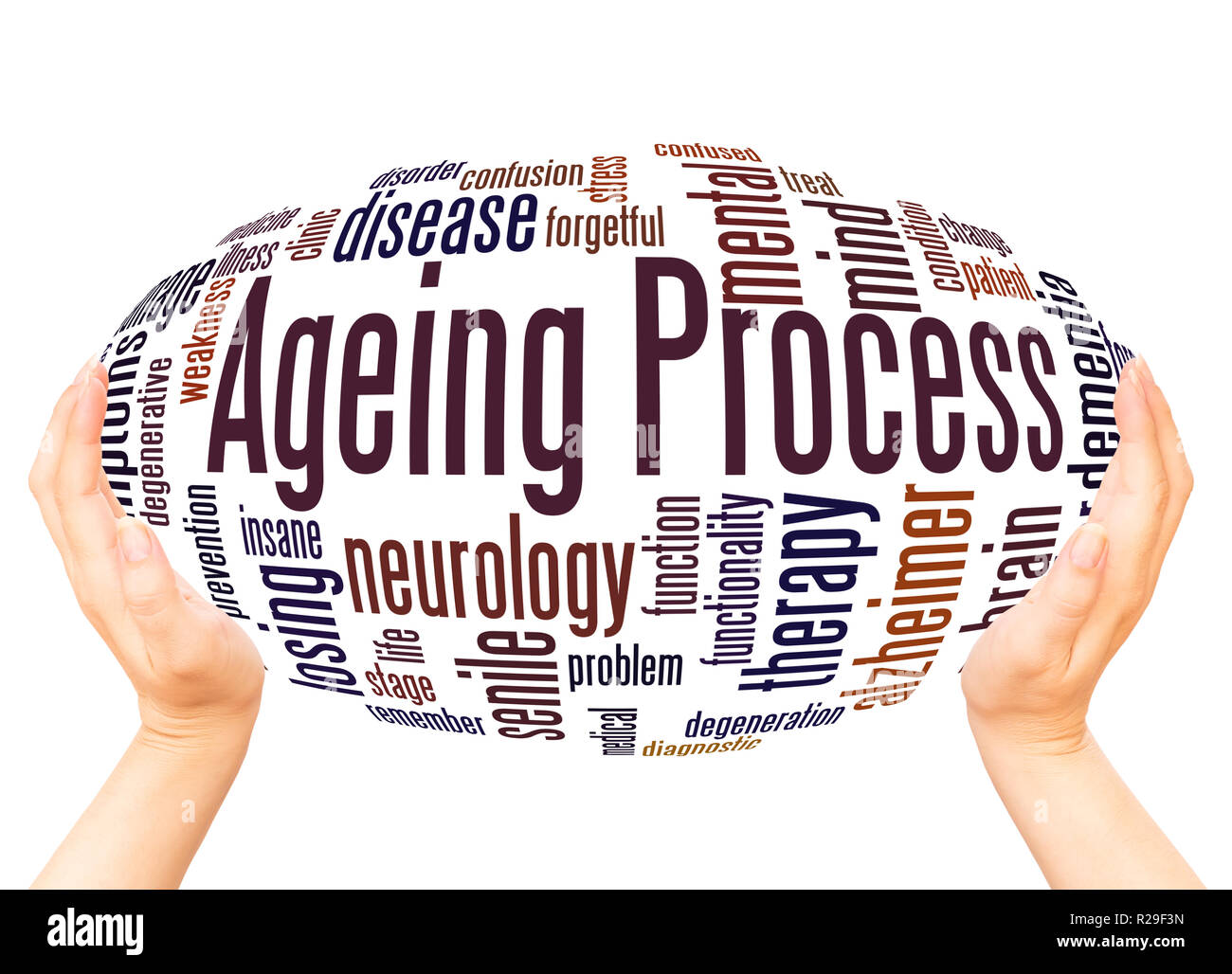 Ageing Process word cloud hand sphere concept on white background. Stock Photo