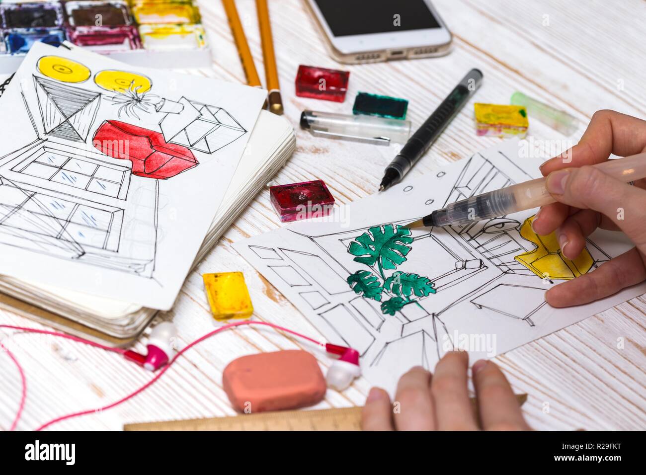 Interior Designer Working On A Sketch Background Drawing