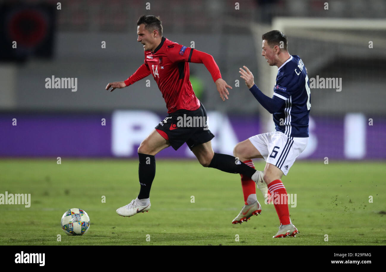 Albania's Taulant Xhaka (left) and Scotland's Callum McGregor battle for the ball during the UEFA Nations League, Group C1 match at the Loro Borici Stadium, Shkoder Stock Photo