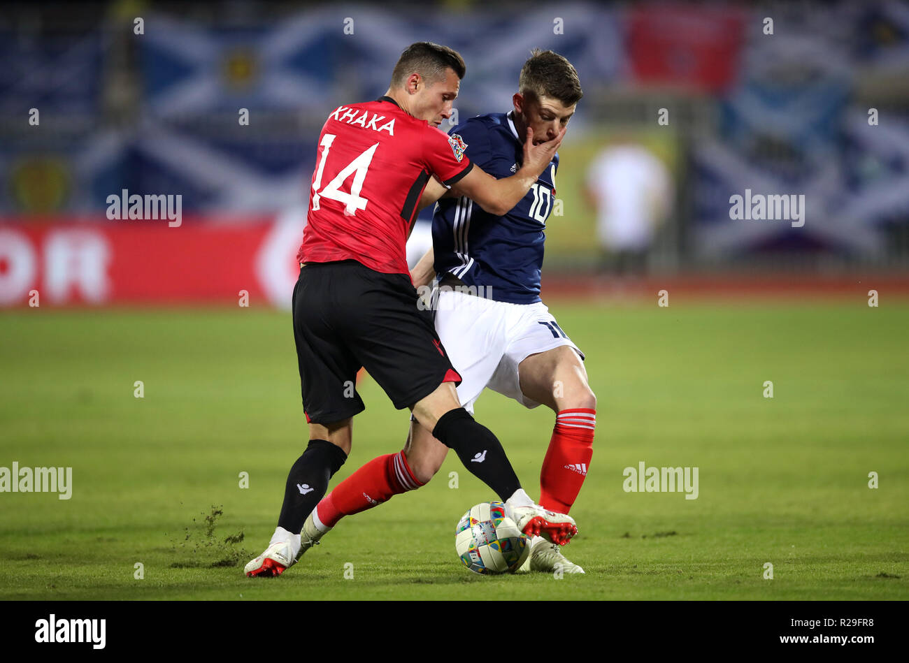 Albania's Taulant Xhaka pulls back on Scotland's Ryan Christie during the UEFA Nations League, Group C1 match at the Loro Borici Stadium, Shkoder Stock Photo