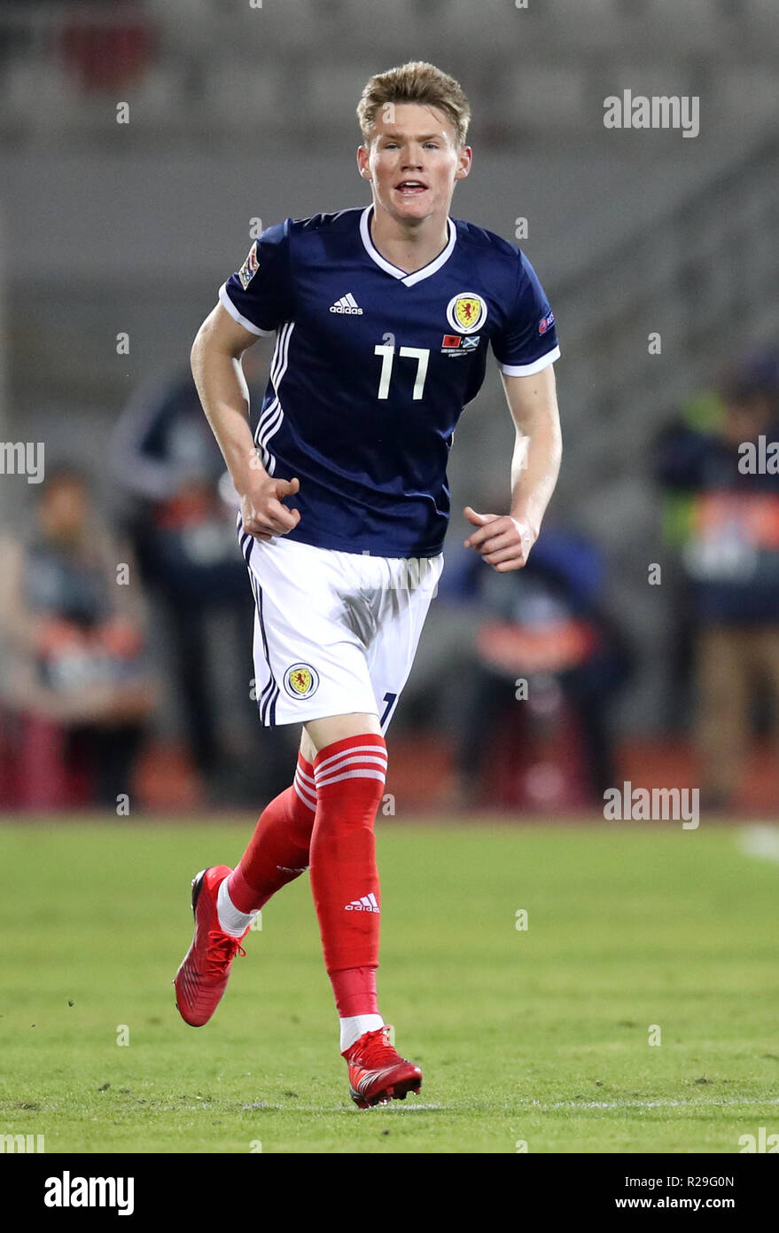 Scotland's Scott McTominay reacts after the final whistle during the UEFA Nations League, Group C1 match at the Loro Borici Stadium, Shkoder Stock Photo