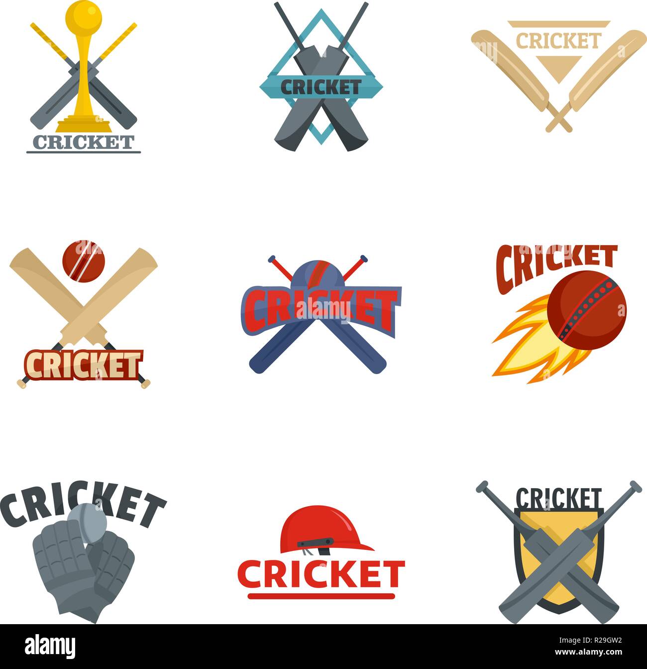 Cricket sport ball bat logo icons set. Flat illustration of 9 cricket sport ball bat logo vector