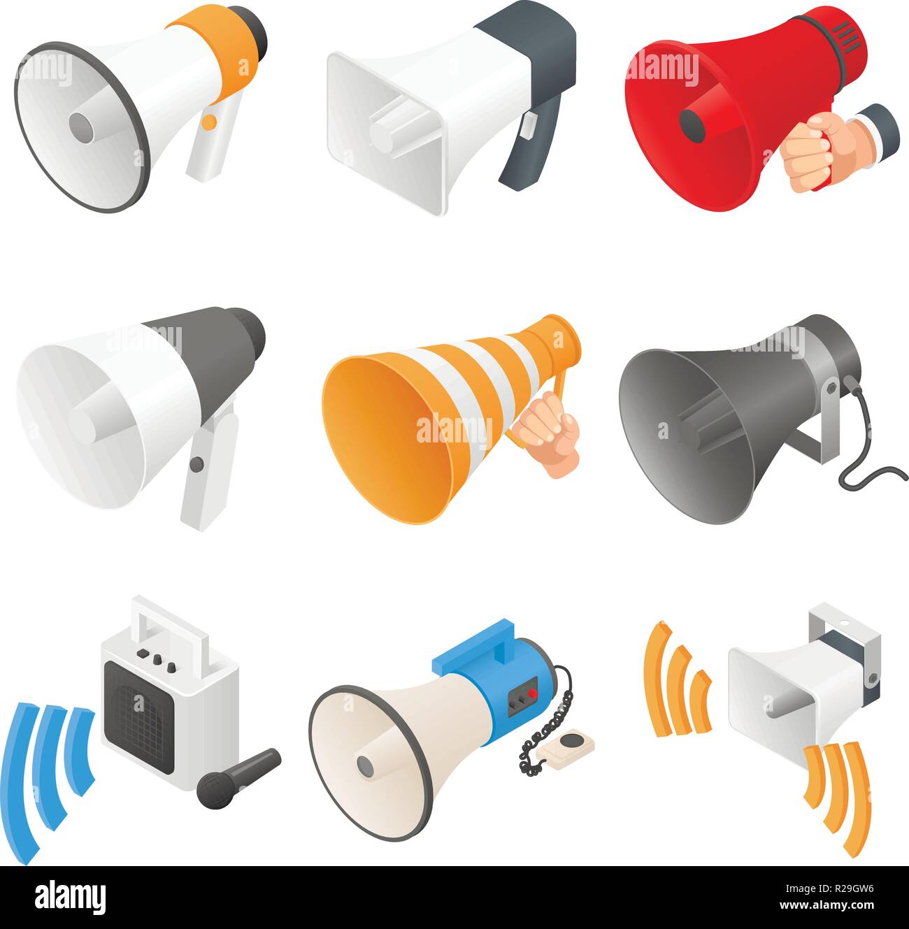 Megaphone loud speaker icons set. Isometric illustration of 9 megaphone