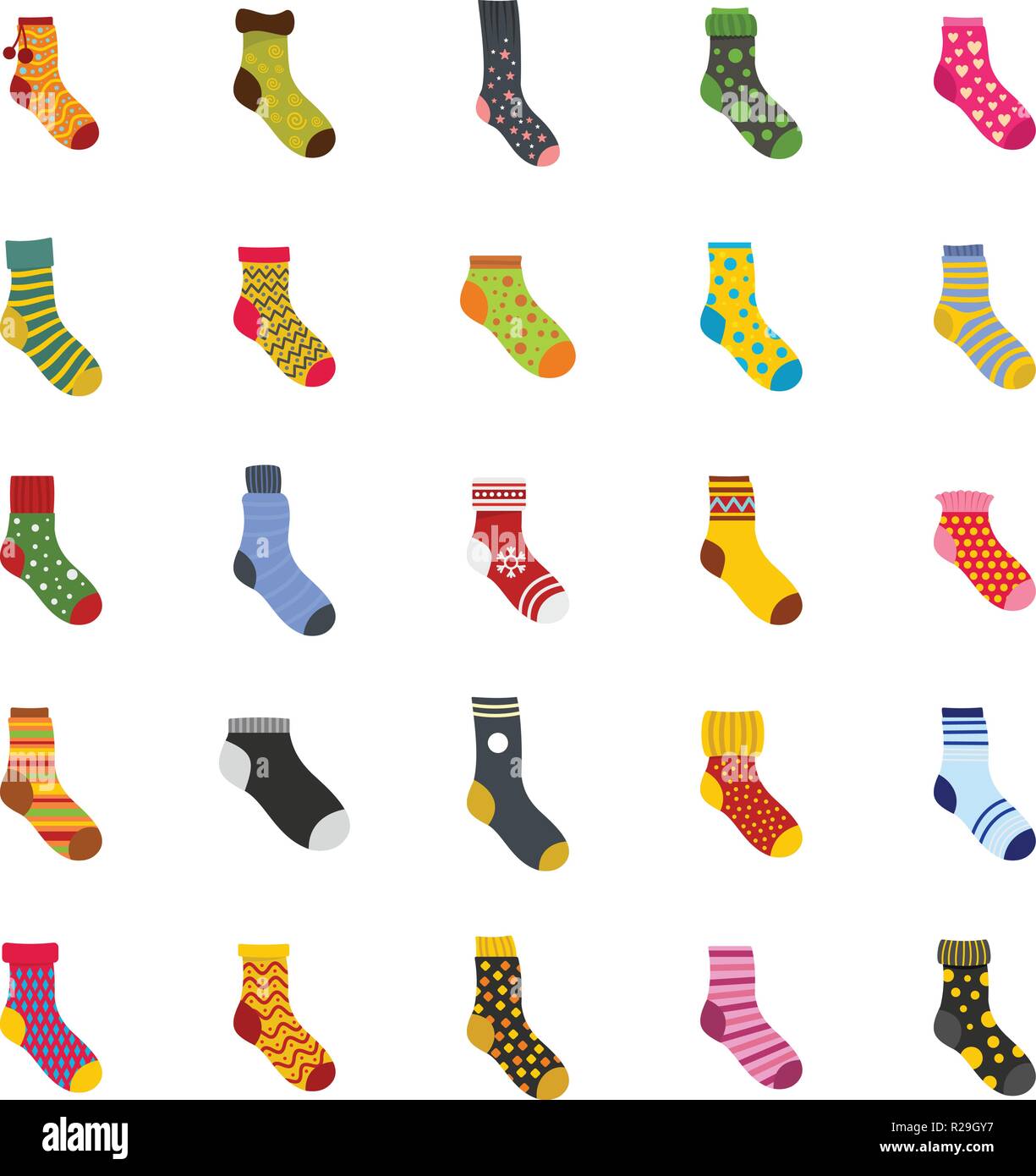 Socks textile icons set. Flat illustration of 25 socks textile vector icons isolated on white Stock Vector