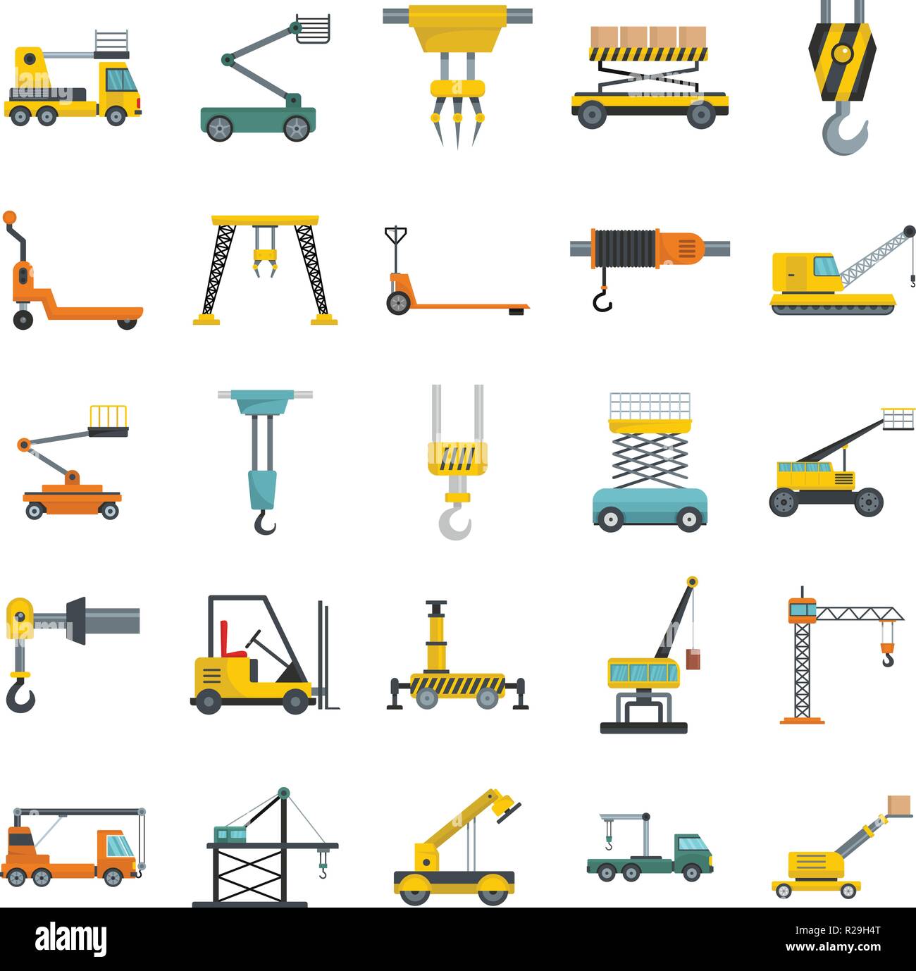 Lifting machine equipment icons set. Flat illustration of 25 lifting