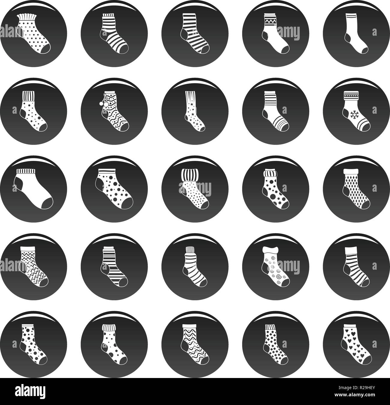 Socks textile icons set. Simple illustration of 25 socks textile vector icons black isolated Stock Vector