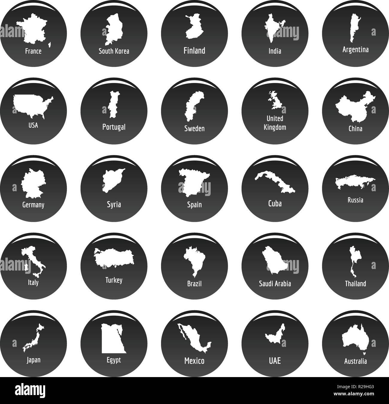 Country map icon set. Simple illustration of 25 country map vector icons black isolated Stock Vector