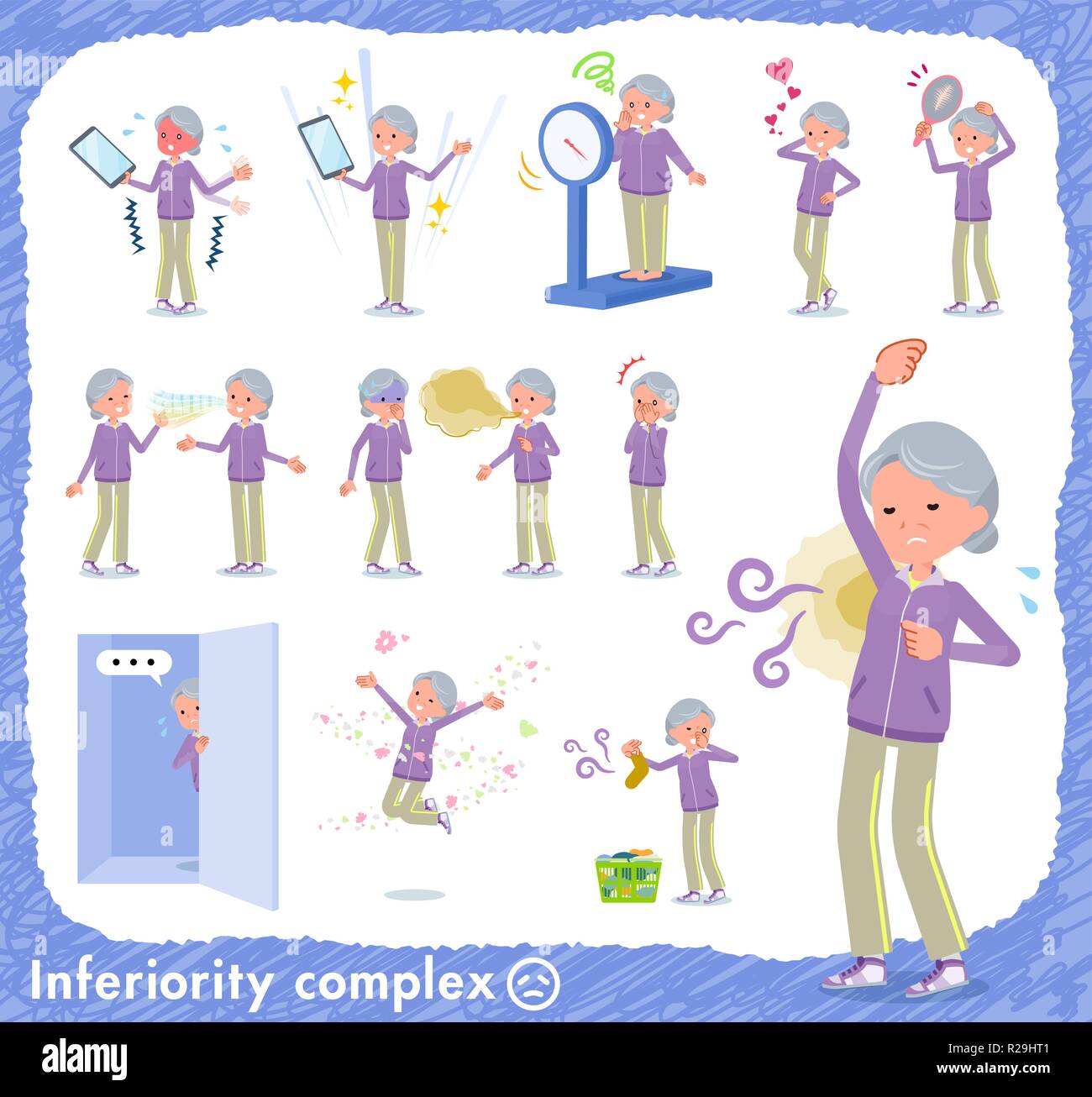 A set of old women in sportswear on inferiority complex.There are actions suffering from smell and appearance.It's vector art so it's easy to edit. Stock Vector