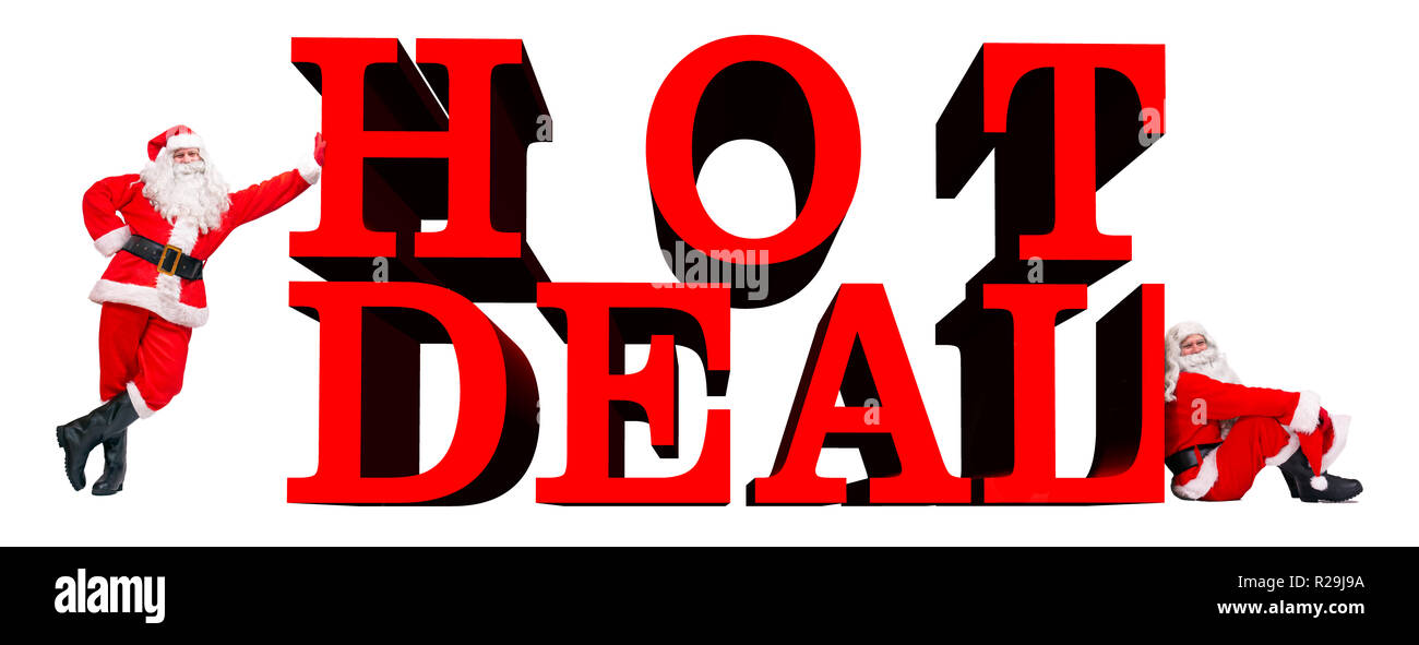 Two Santa Claus with the word Hot Deal, isolated on a white background. Funny group of Santa offer the promotion of shop. Stock Photo