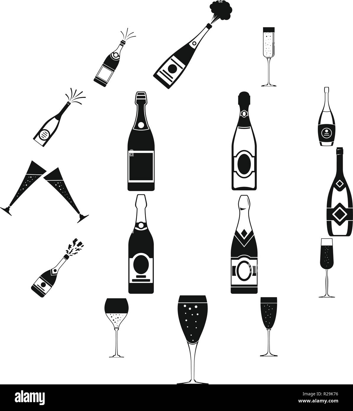 Champagne bottle glass icons set. Simple illustration of 16 champagne bottle glass vector icons for web Stock Vector