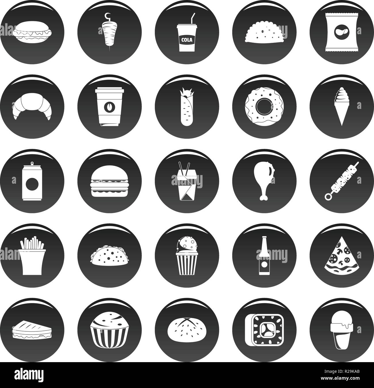 Fast food icons set. Simple illustration of 25 fast food vector icons black isolated Stock Vector