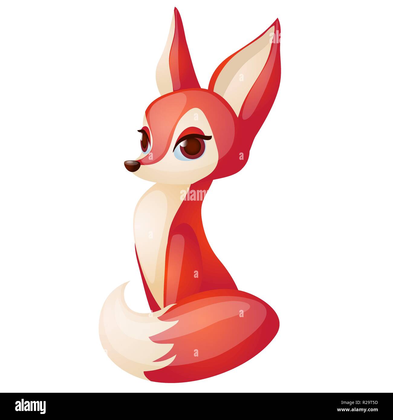 Cute red fox with fluffy tail and long ears isolated on white