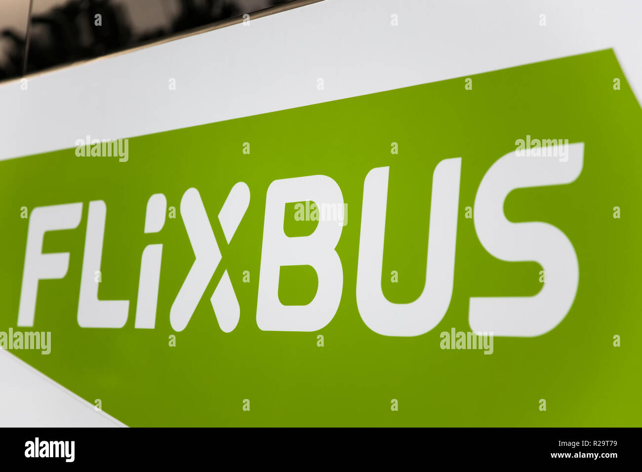 ZURICH, SWITZERLAND - SEPTEMBER 23, 2018: Detail of Flixbus bus at Zurich, Switzerland. Flixbus is a German brand which offers intercity bus service i Stock Photo