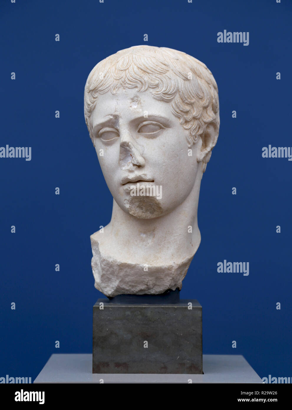 Head of the discus bearer. 50 AD. Marble from Thasos. Roman copy of a bronze original. Stock Photo