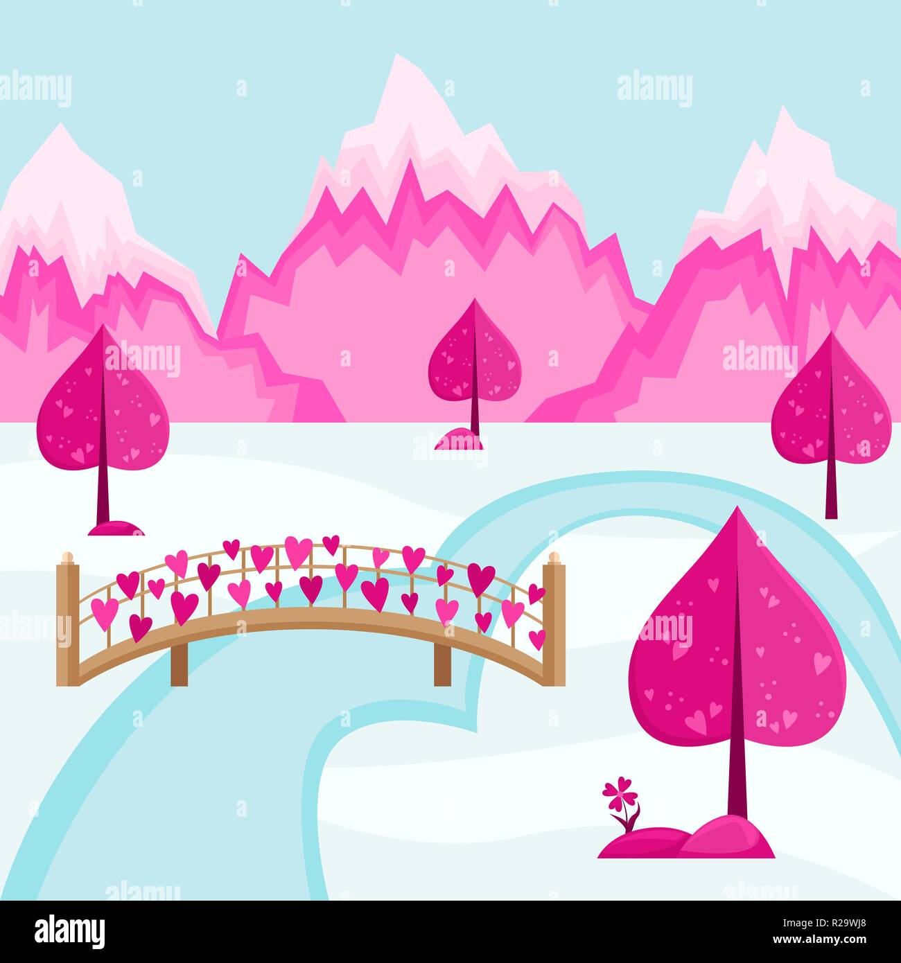 Valentine's day background. Mountain landscape of the village of Love. Bridge hung with hearts Stock Vector